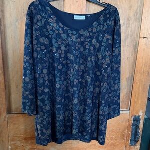 Susan Graver Navy Floral Long Sleeve Top with blue sparkles